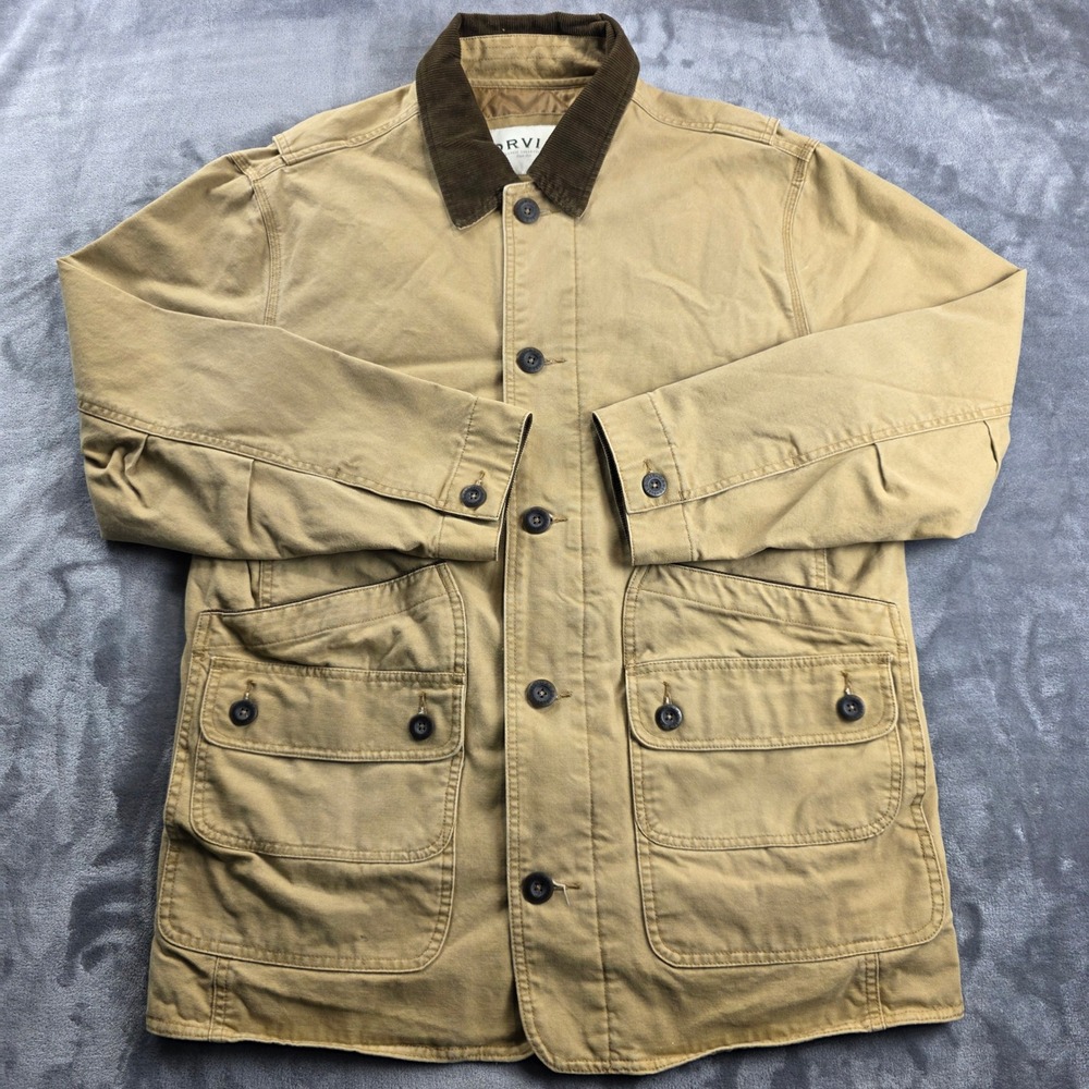 Orvis Barn Jacket Mens Large Tan Corduroy Collar Quilted Lined Canvas Field Coat
